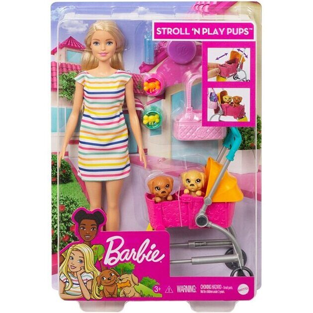 Кукла Barbie со щенком в розовой коляске GHV92